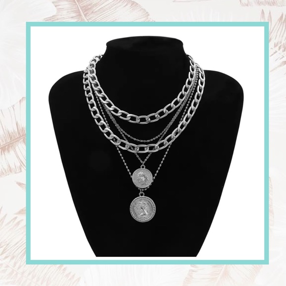 🍒 LAYER CHAIN NECKLACE COIN BOHO CHIC SILVER - Picture 1 of 4